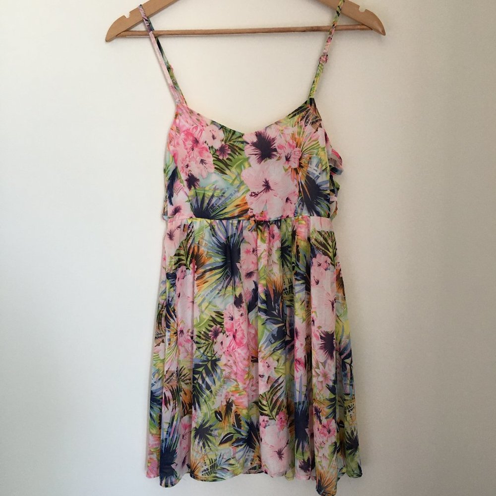 Bright Tropical Floral Strappy Cutout Summer Dress